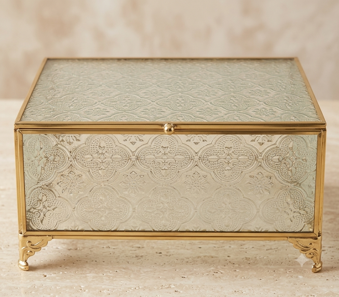 Caja Joyero de Cristal Labrado y Metal Dorado - Estilo Vintage