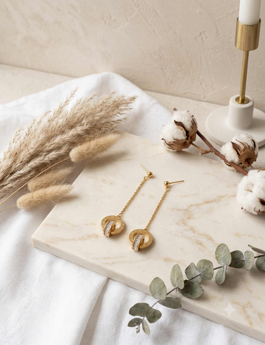 Aretes Largos de Cadena con Números Romanos y Cristales