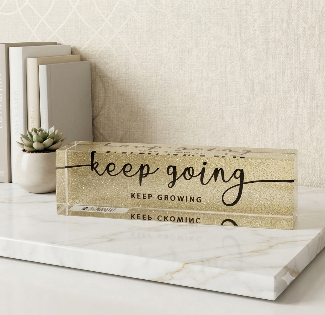 Pisapapeles Decorativo Acrílico "Keep Going" con Purpurina Dorada