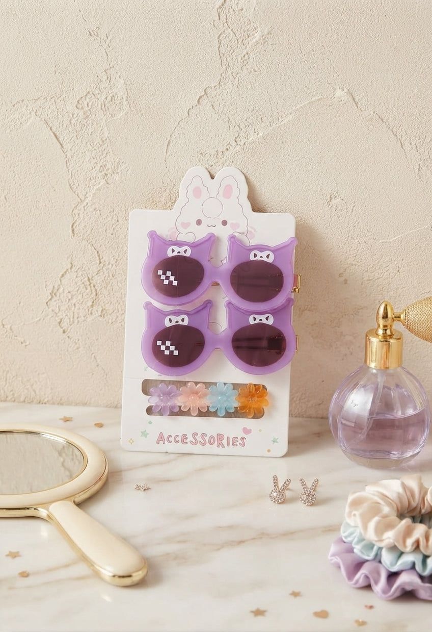 Set de Pinzas para Cabello con Diseño de Gafas y Flores – Estilo Kawaii