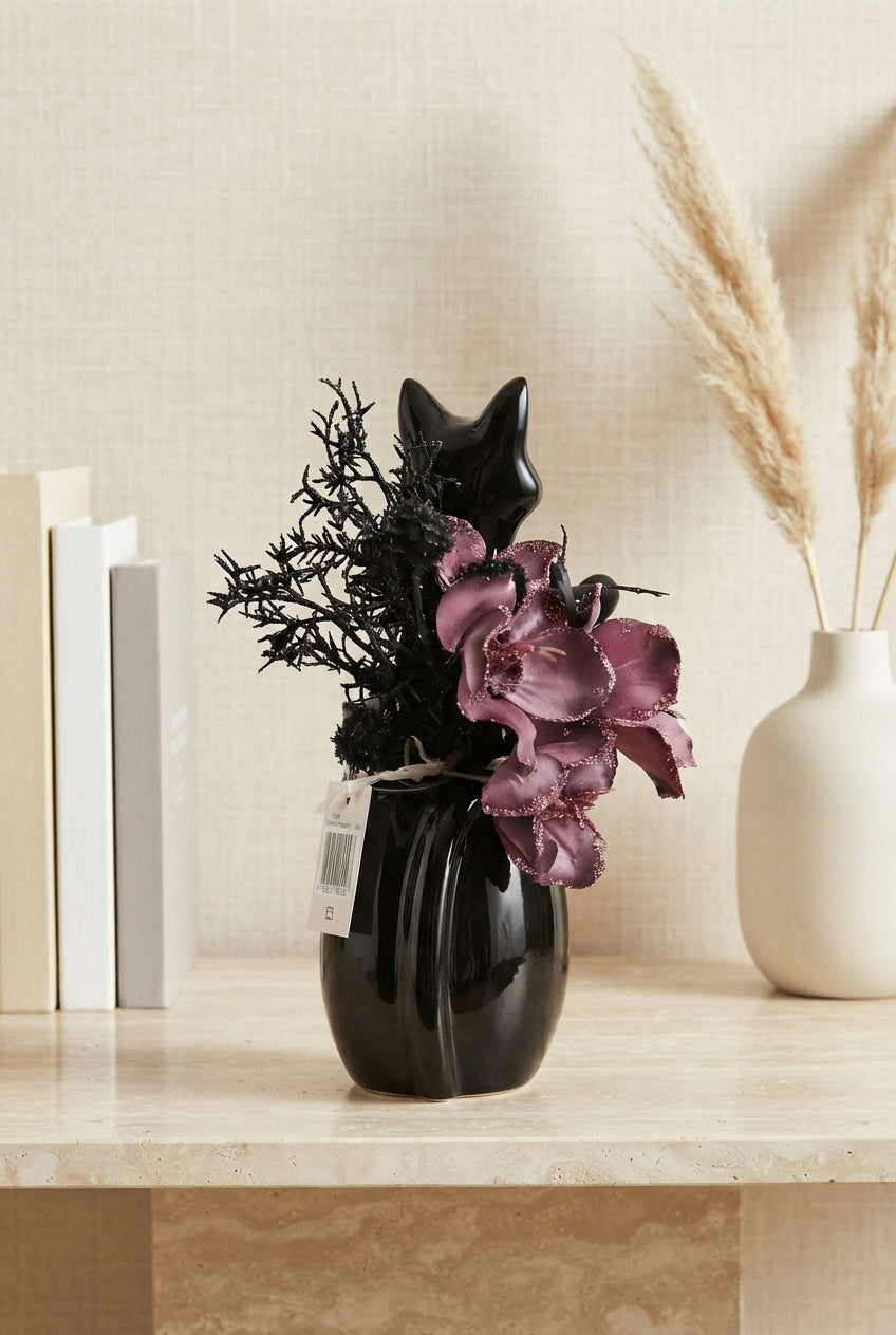 Figura Decorativa de Gato Negro con Arreglo Estilo Halloween