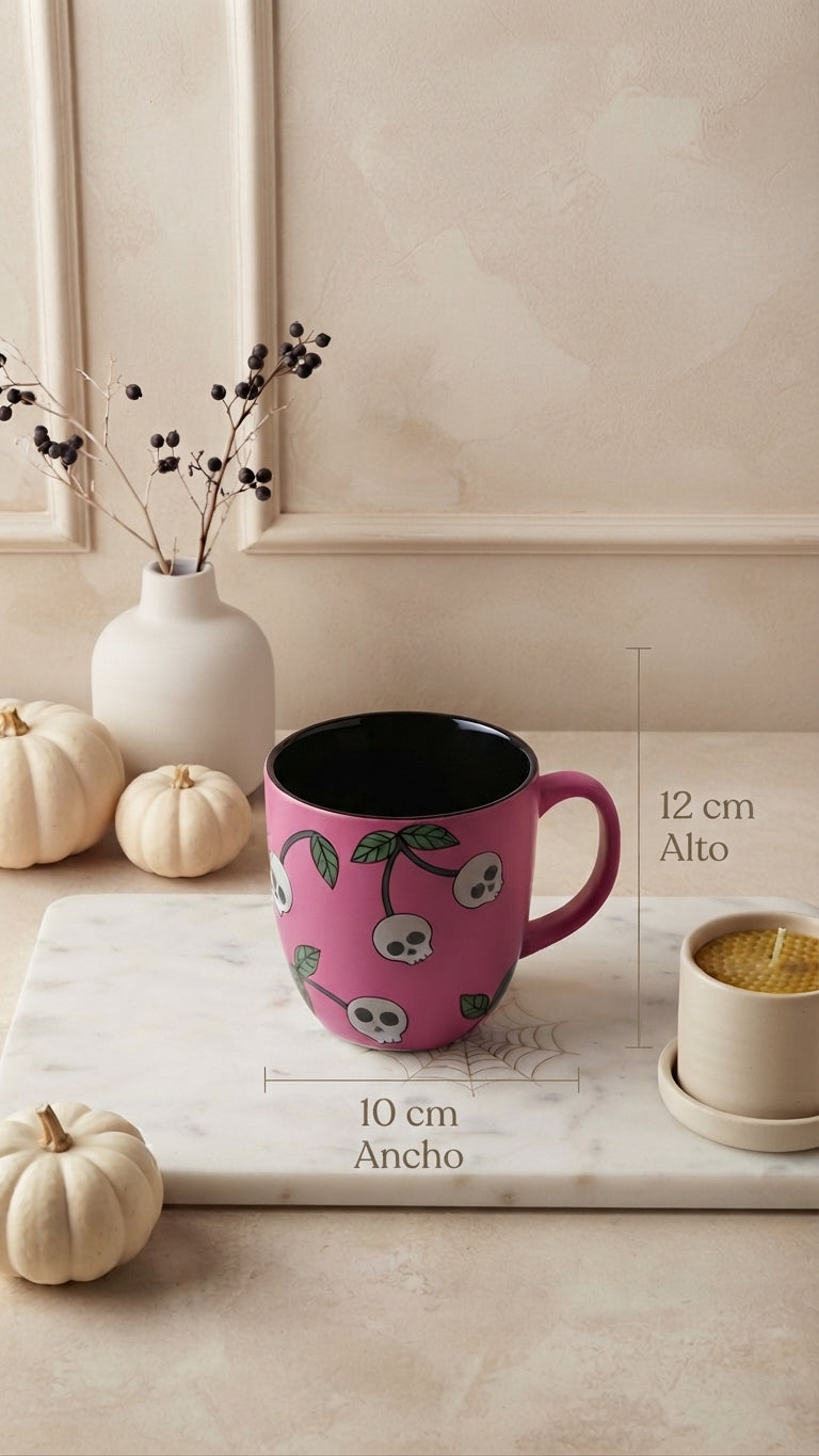 Taza de Cerámica Rosa con Diseño de Calaveras y Cerezas Góticas