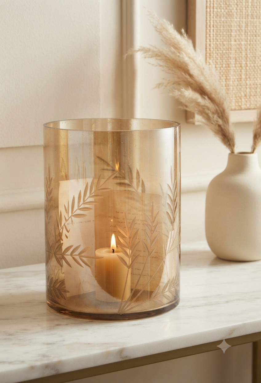 Portavelas Cilíndrico de Cristal Ámbar con Relieve de Hojas