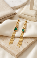 Aretes Largos de Flecos con Gema Verde