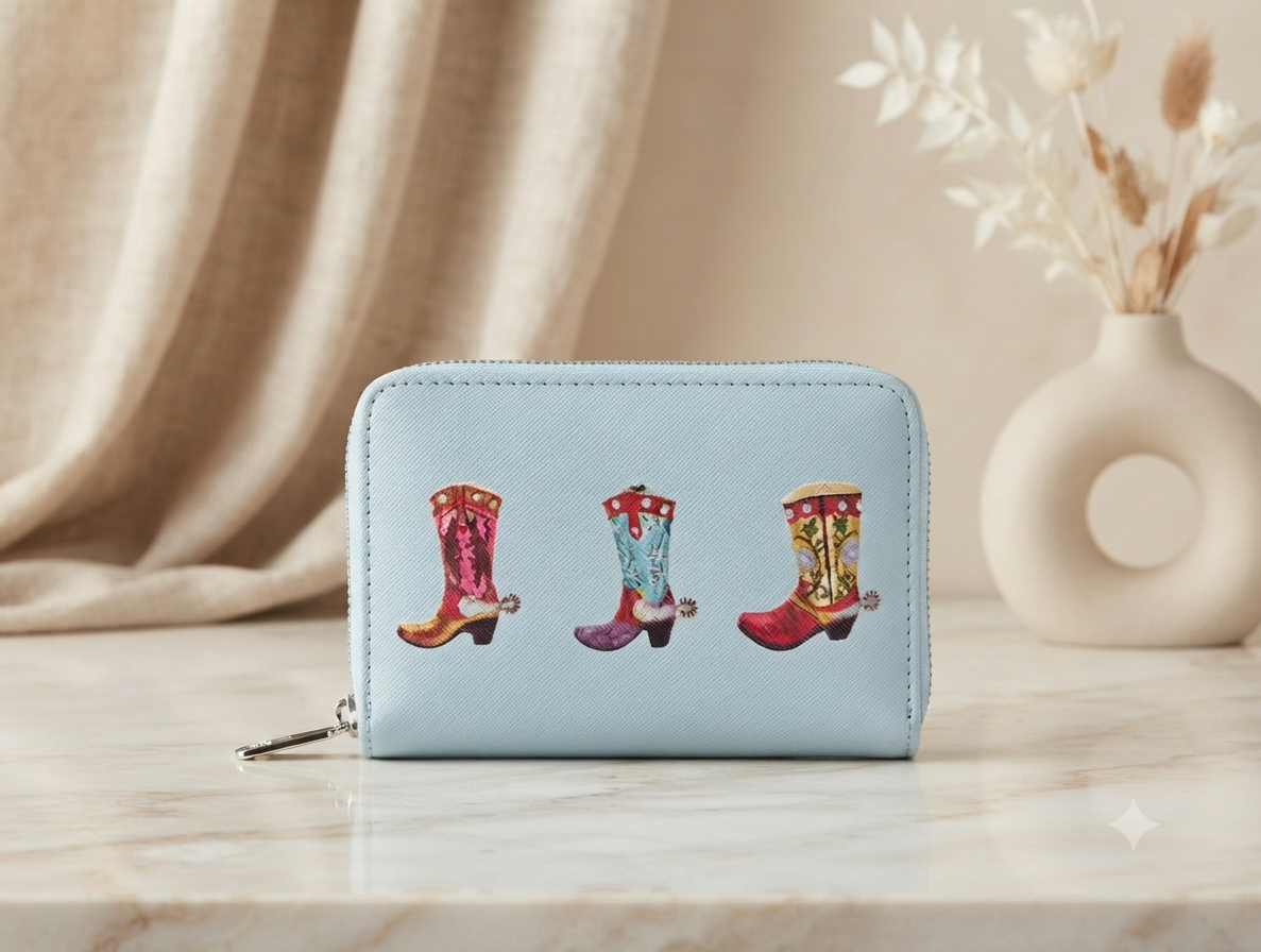 Cartera Compacta Estilo Western – Diseño de Botas Vaqueras en Tono Celeste
