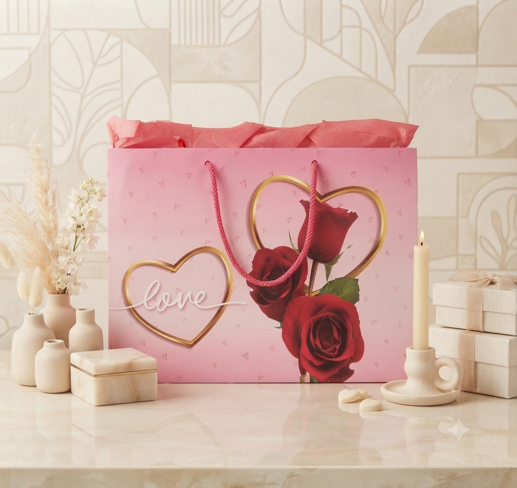 Bolsa de Regalo Romántica con Diseño de Rosas y Corazones