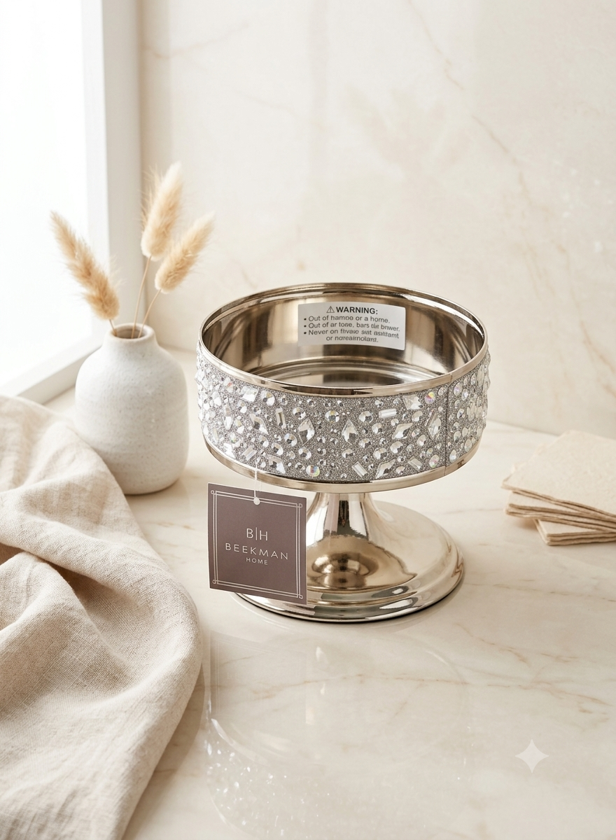 Porta Velas de Pedestal Elegante Beekman Home – Acabado Cromado con Incrustaciones de Cristales