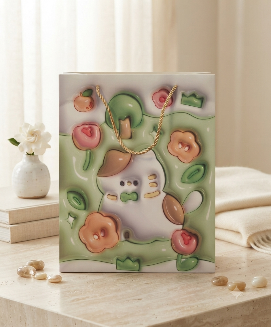Bolsa de Regalo Decorativa con Diseño 3D Kawaii y Asas de Cordón