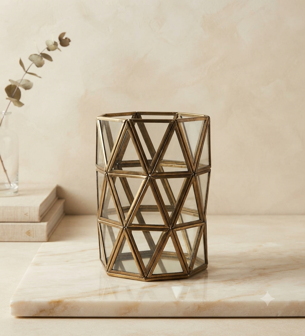 Florero Geométrico de Vidrio y Metal - Contenedor Decorativo Estilo Moderno