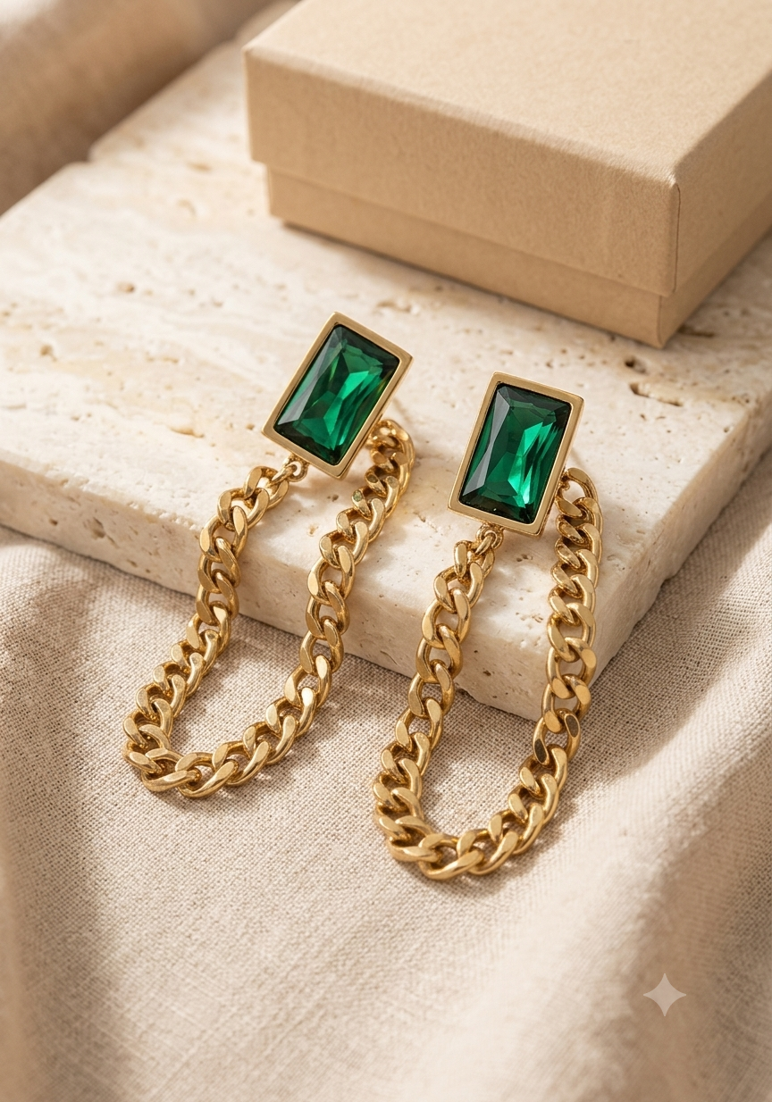 Aretes Rectangulares Verdes con Cadena Colgante