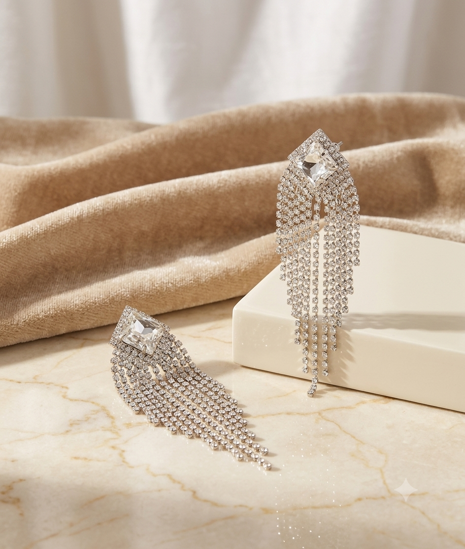 Aretes Largos de Cascada con Rombo Brillante