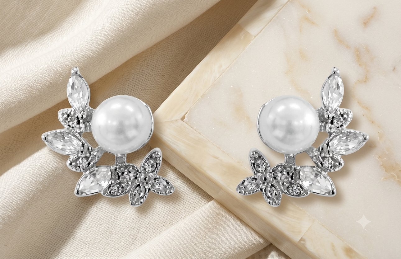 Broqueles de Perla y Flores con Brillos