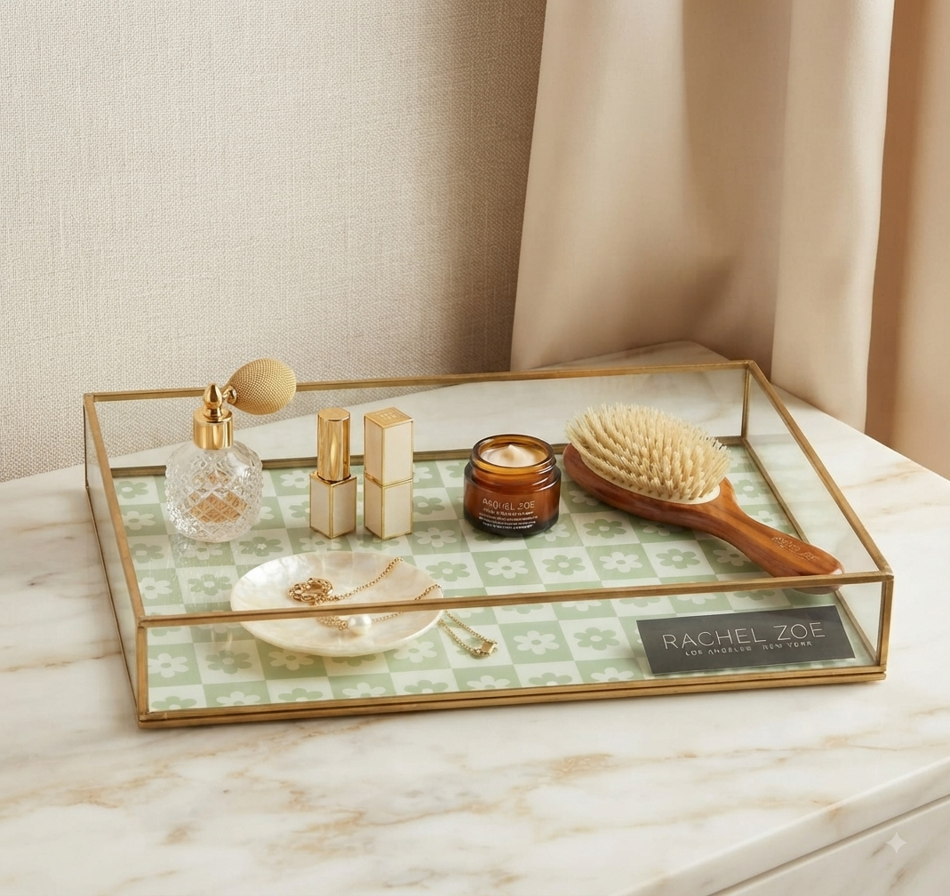 Bandeja Organizadora Decorativa – Diseño Floral con Marco Dorado