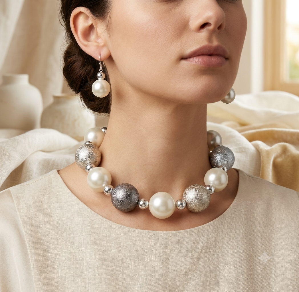 Juego de Collar y Aretes de Perlas y Esferas Texturizadas