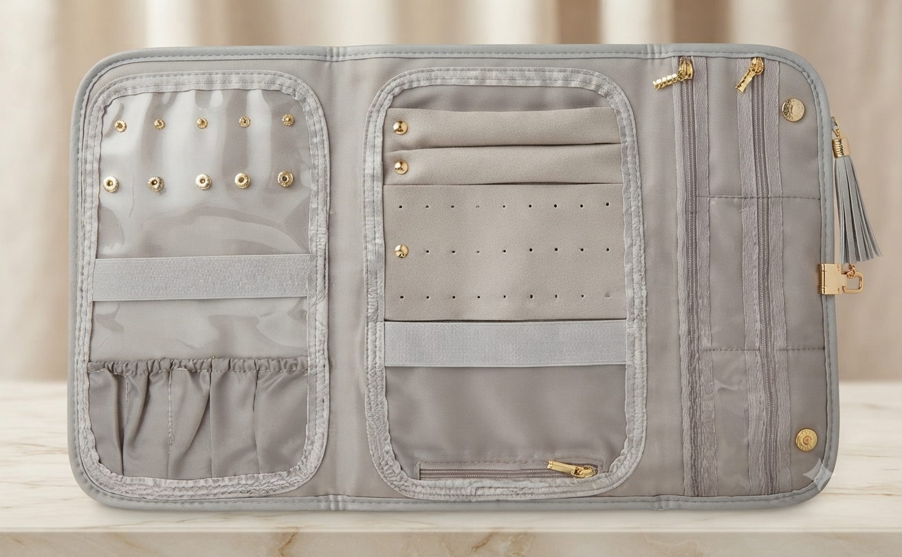 Cartera Organizadora de Joyas de Viaje Premium – Estilo Elegante en Gris