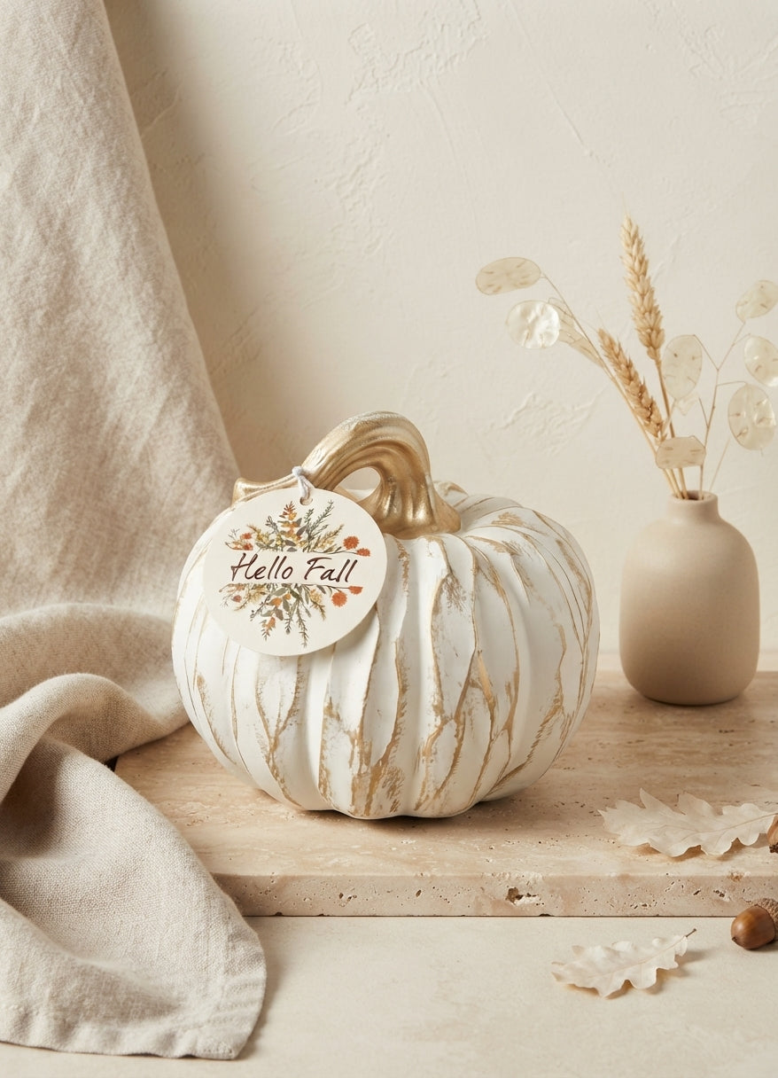 Calabaza Decorativa Blanca con Tallo Dorado y Acabado Elegante