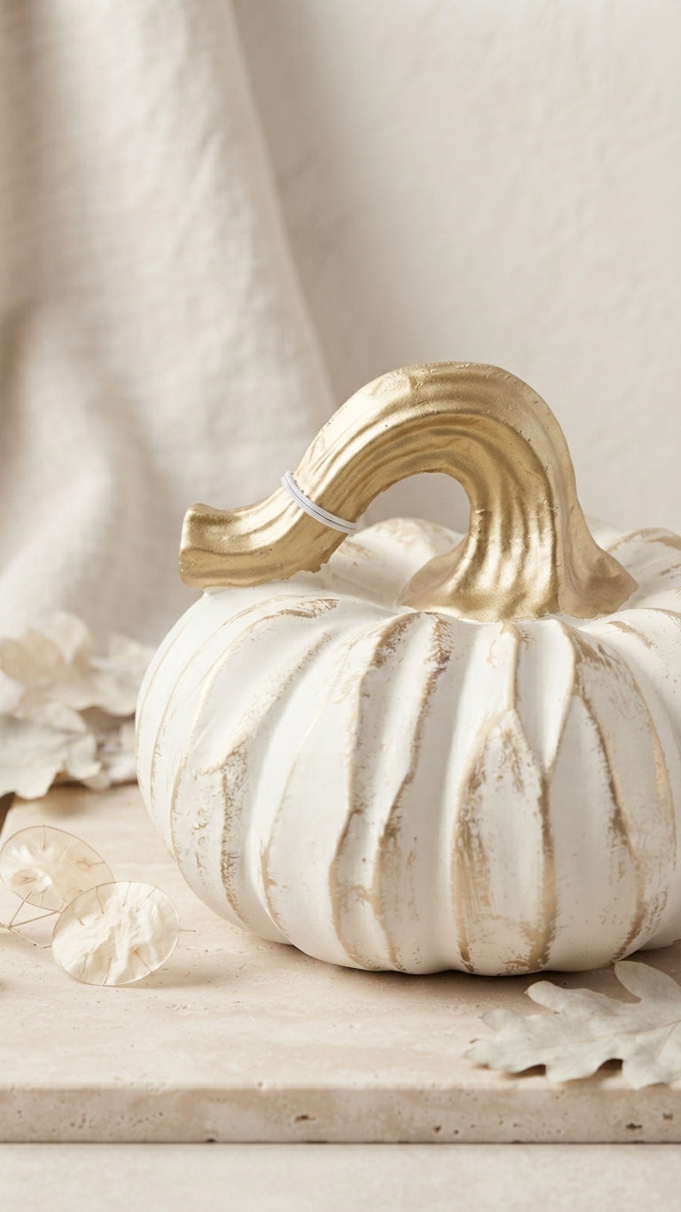 Calabaza Decorativa Blanca con Tallo Dorado y Acabado Elegante