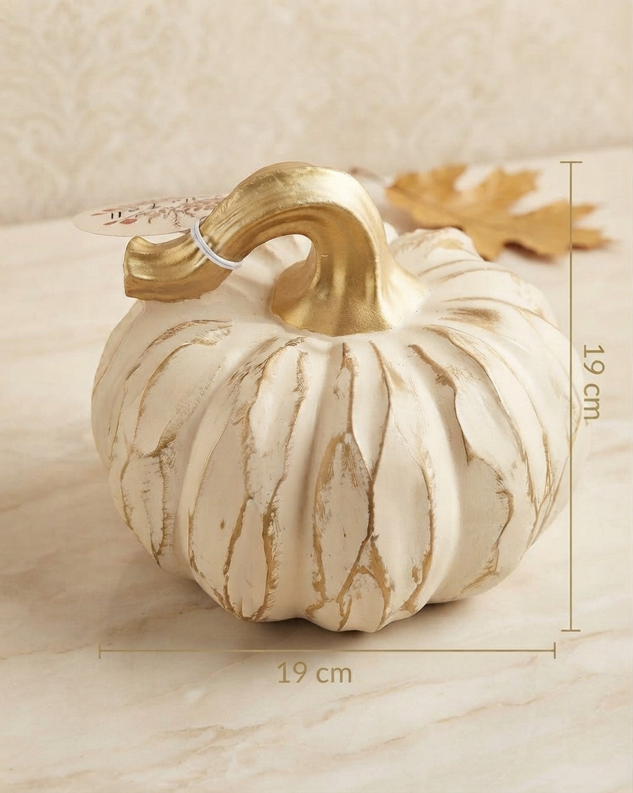 Calabaza Decorativa Blanca con Tallo Dorado y Acabado Elegante