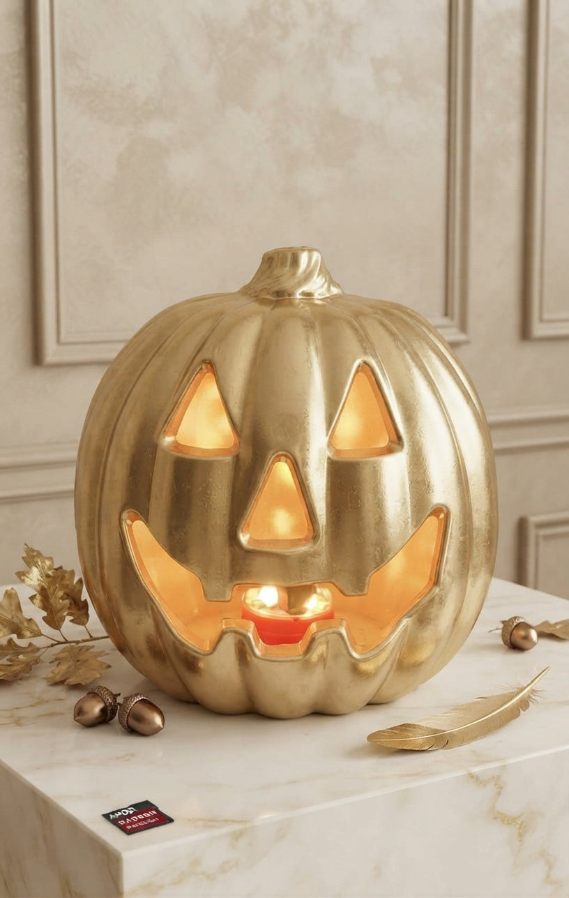 Calabaza Decorativa Dorada de Halloween con Luz y Sonido