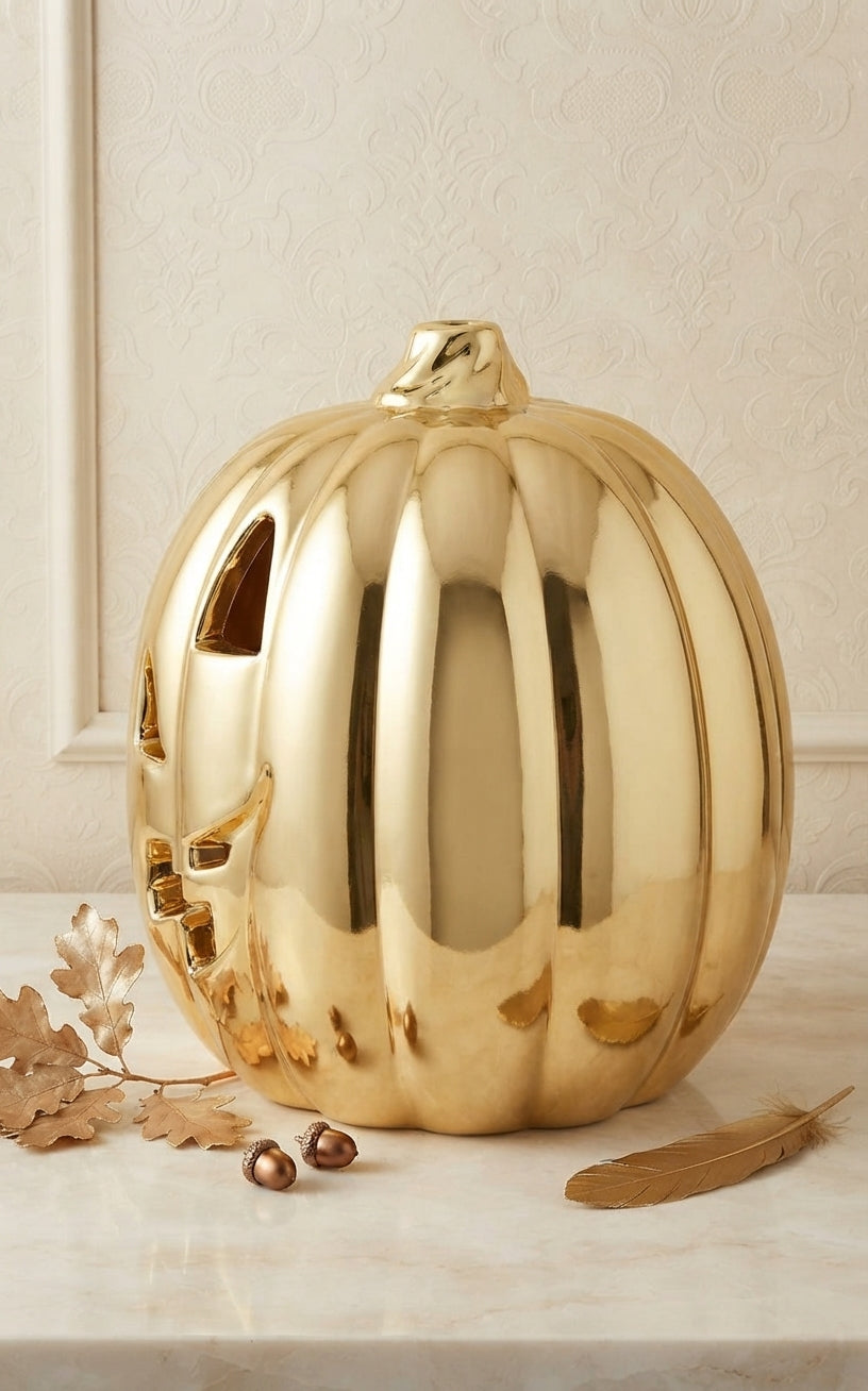 Calabaza Decorativa Dorada de Halloween con Luz y Sonido