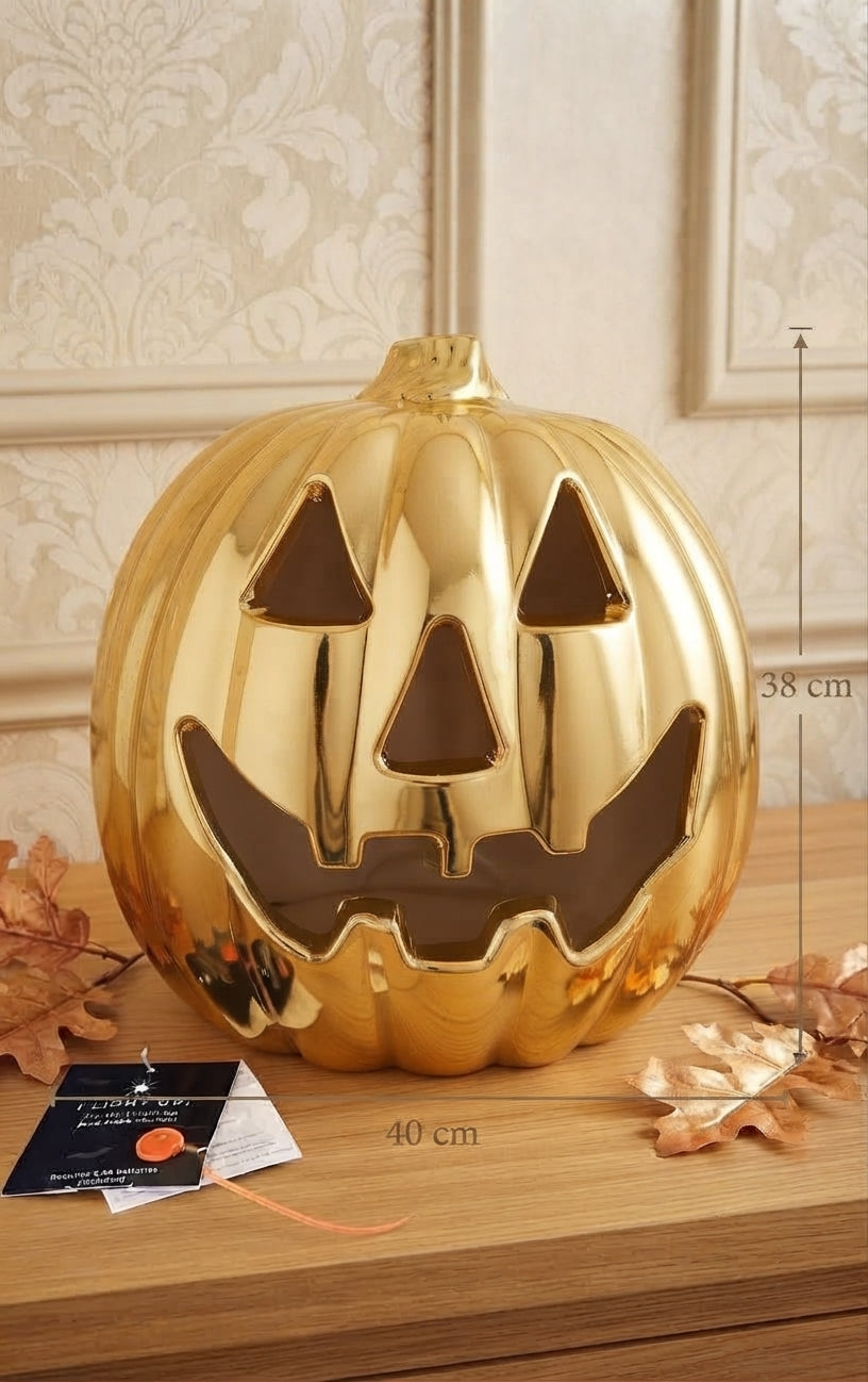Calabaza Decorativa Dorada de Halloween con Luz y Sonido