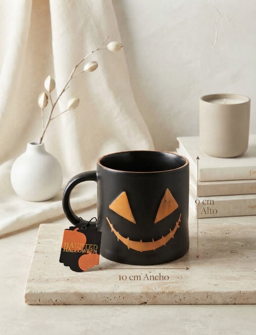 Taza de Cerámica Negra Diseño Calabaza Halloween con Detalle Metálico