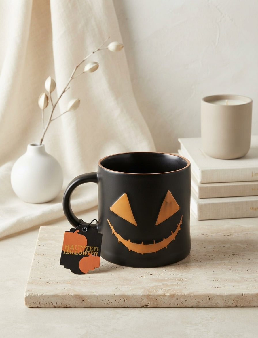 Taza de Cerámica Negra Diseño Calabaza Halloween con Detalle Metálico