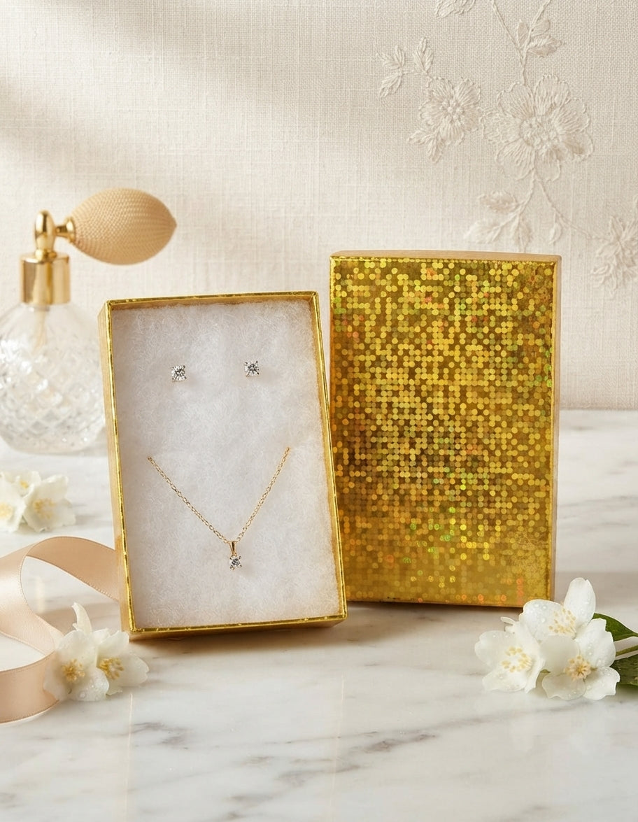 Caja de Joyería con Acabado Holográfico – Elegancia en Dorado y Plateado