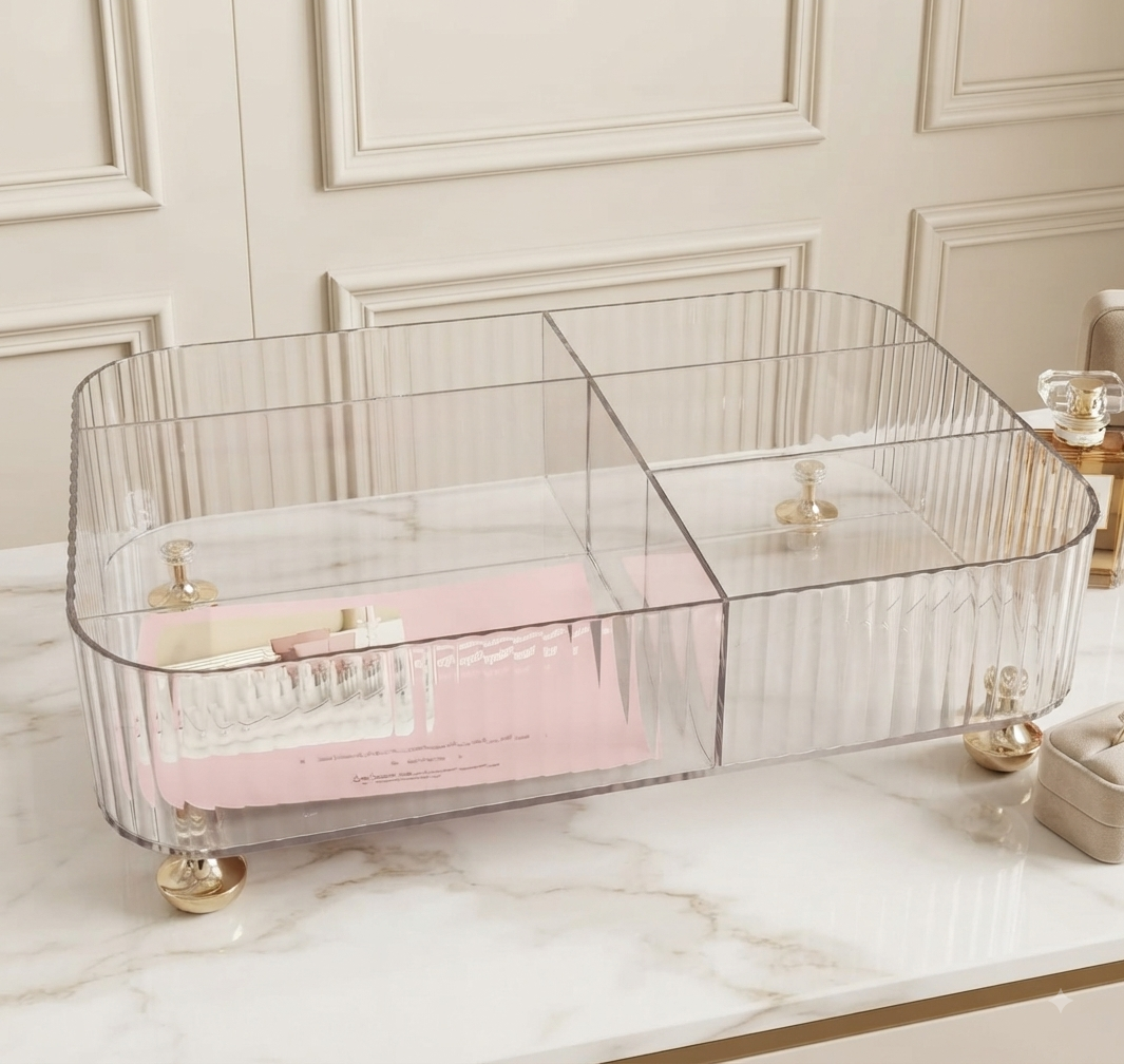 Organizador de Acrílico Multisección para Maquillaje con Soportes Dorados