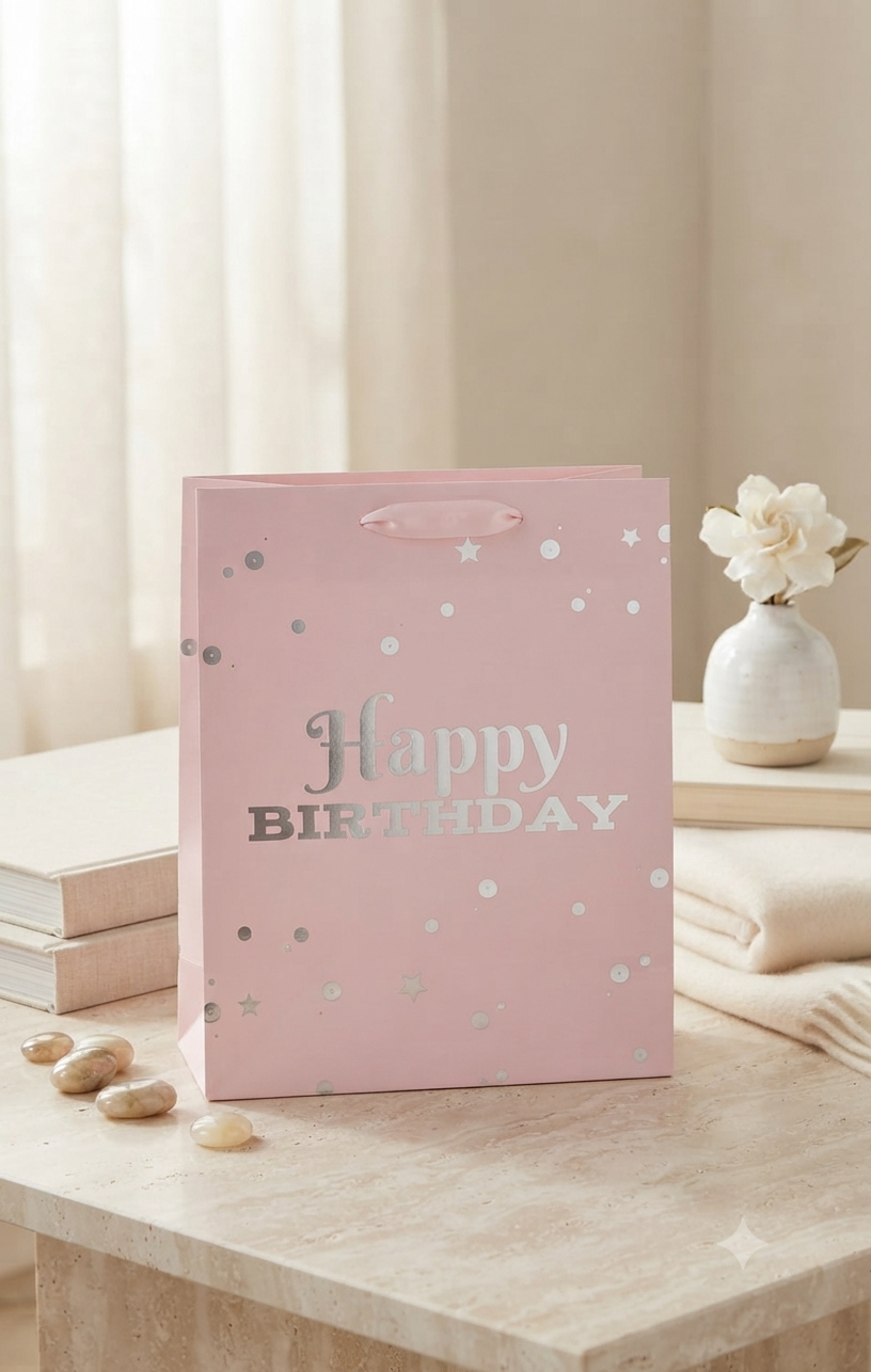 Bolsa de Regalo Happy Birthday Rosa con Detalles Plateados y Asas de Listón