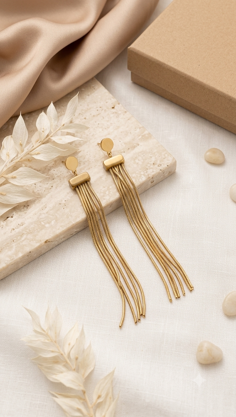 Aretes Largos de Cascada con Tiras de Cadena