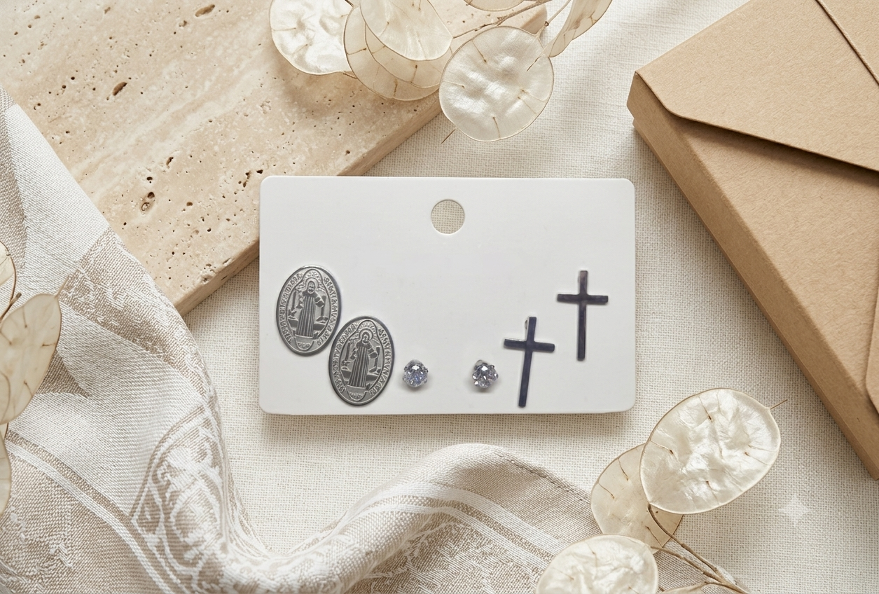 Set de Aretes Broquel San Benito, Cruces y Brillos