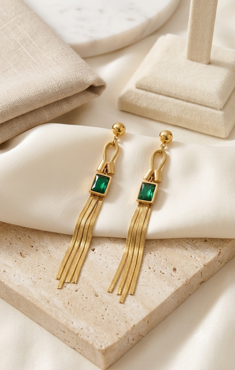Aretes Largos de Flecos con Gema Verde