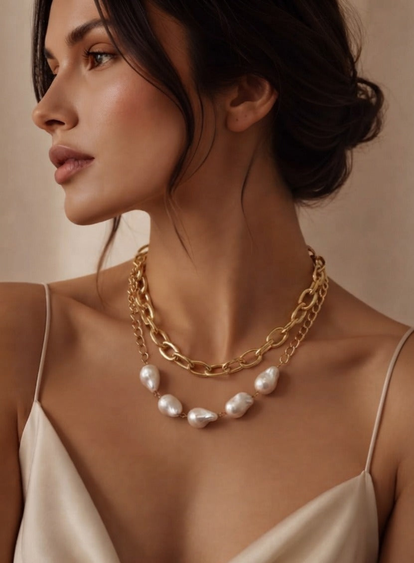 Collar Doble con Perlas Barrocas y Eslabones