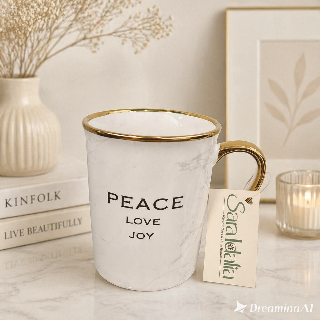 TAZA MARMOLEADA BLANCA CON BORDES DORADOS Y TEXTO